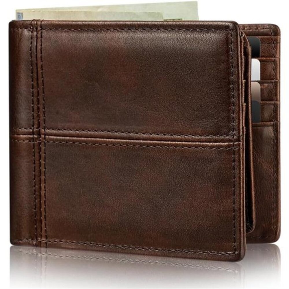 Mens Wallet Bifold Genuine Leather RFID Blocking Wallet for Men with 2 ID Window